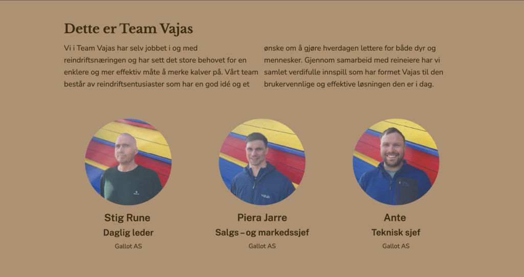 screenshot fra websiden som viser team vajas